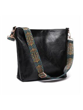 Faux Leather Bucket Crossbody Bag Guitar Strap Vegan Shoulder Bag